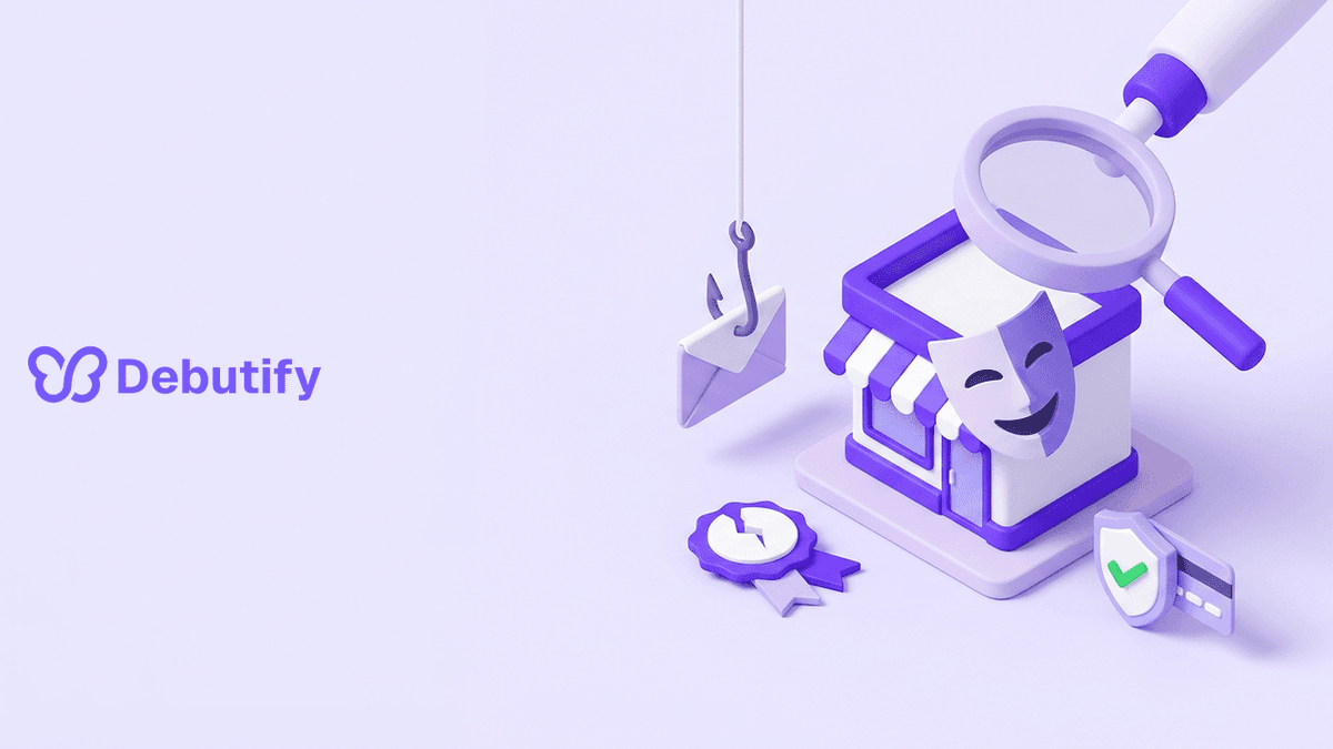 Shopify scams shown as an isometric storefront mask held over a phishing hook and fake support badge in Debutify purple