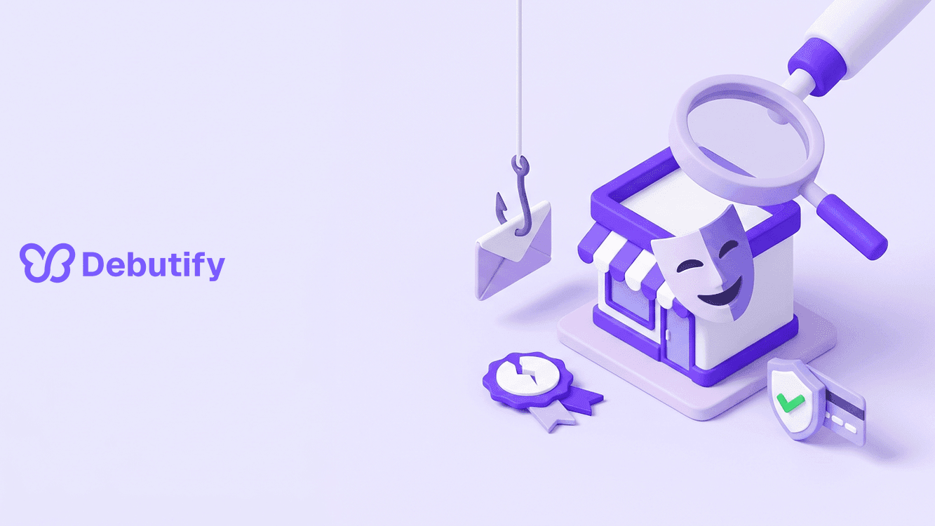 Shopify scams shown as an isometric storefront mask held over a phishing hook and fake support badge in Debutify purple