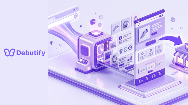 PagePilot AI explained as an isometric product page assembling itself from a URL beam with AI image tiles in Debutify purple