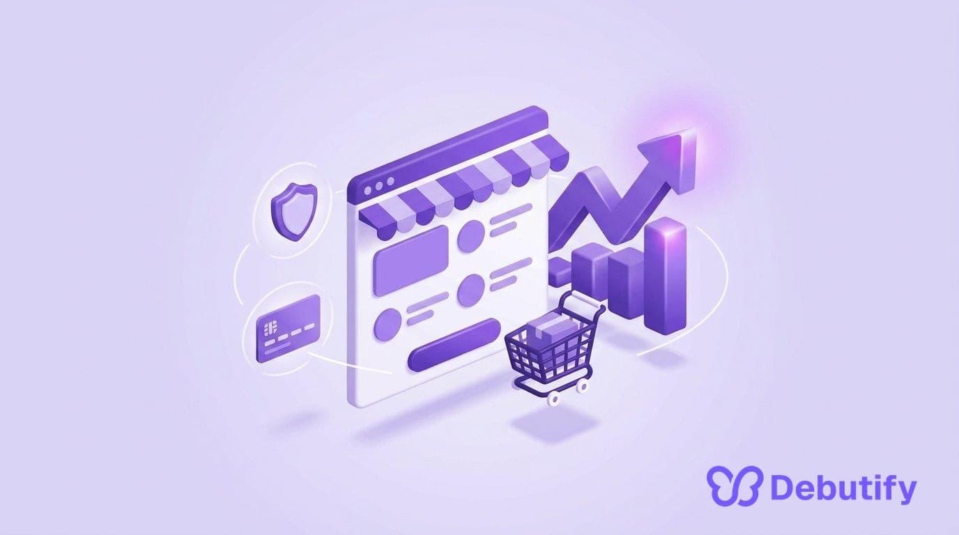 3D isometric storefront with rising conversion chart, Debutify
