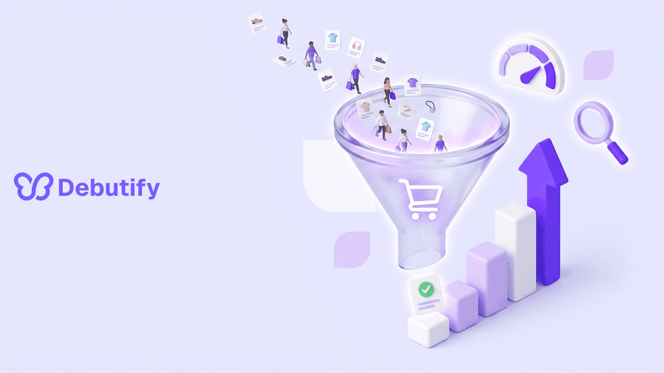 Shopify conversion rate optimization process shown as an isometric store funnel in Debutify purple