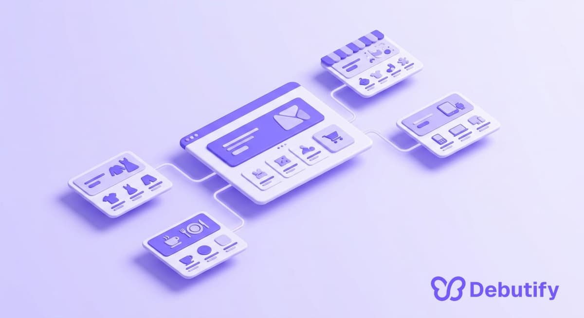 Best free Shopify themes in 2026 shown as isometric storefront layouts in Debutify brand purple