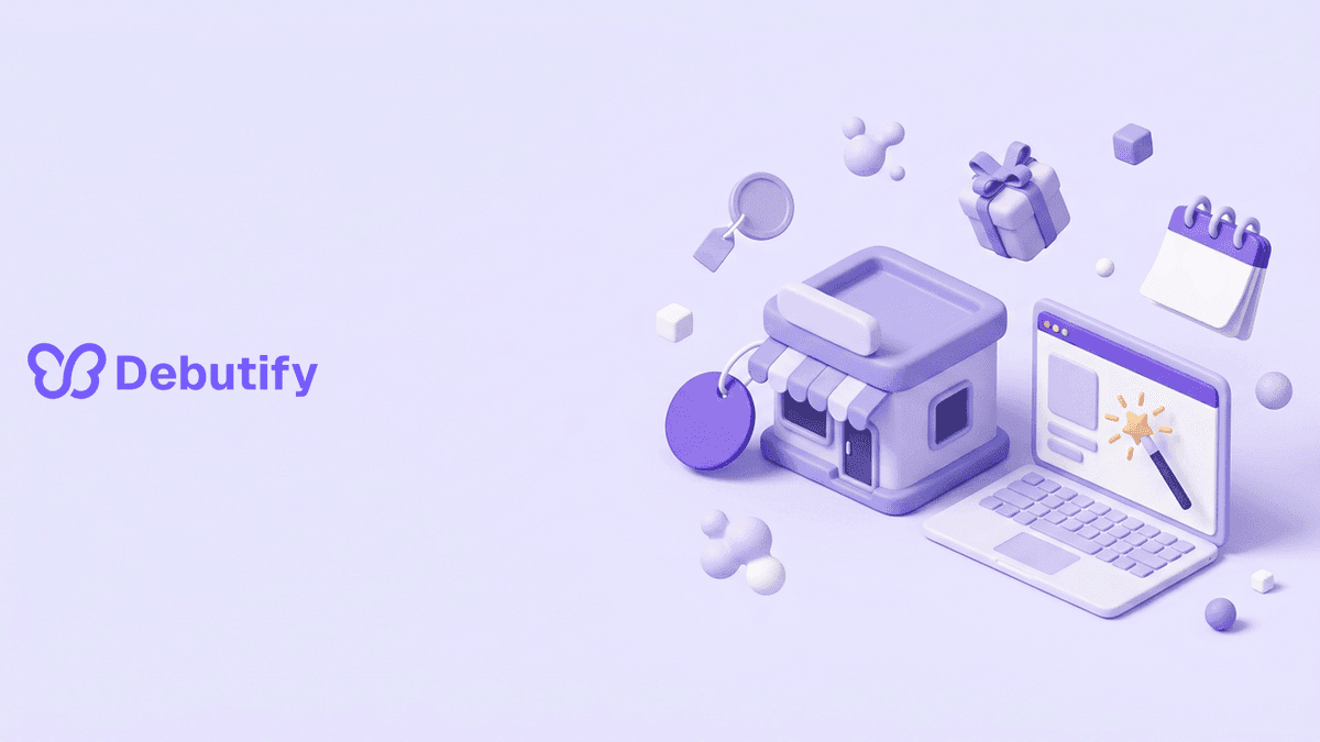 Starting a free Shopify store shown as an isometric storefront with a zero price tag in Debutify purple