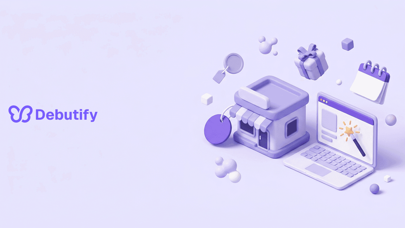 Starting a free Shopify store shown as an isometric storefront with a zero price tag in Debutify purple