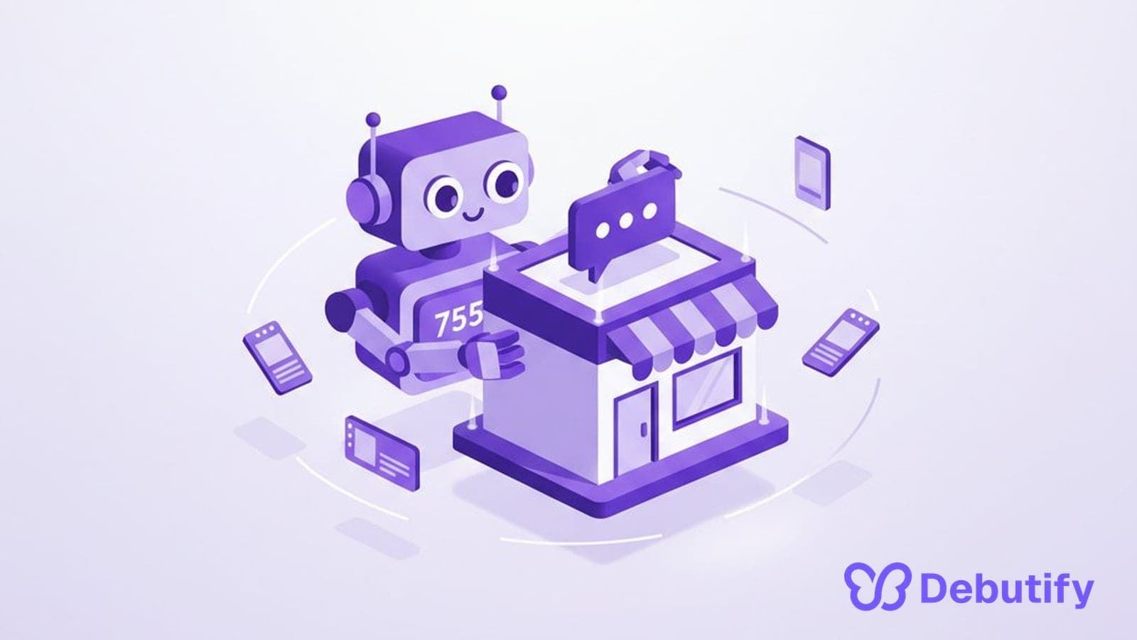 3D isometric AI agent building an online store, Debutify