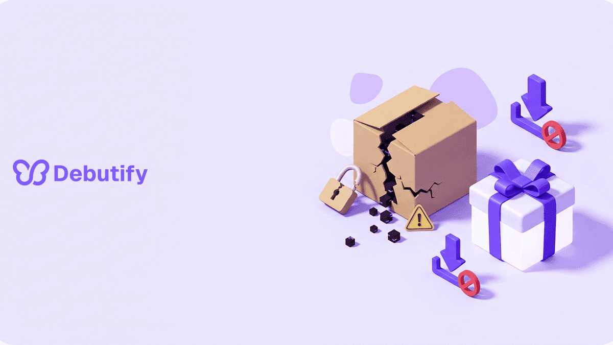 Shopify premium themes free download risk shown as an isometric cracked theme box with a warning tag in Debutify purple