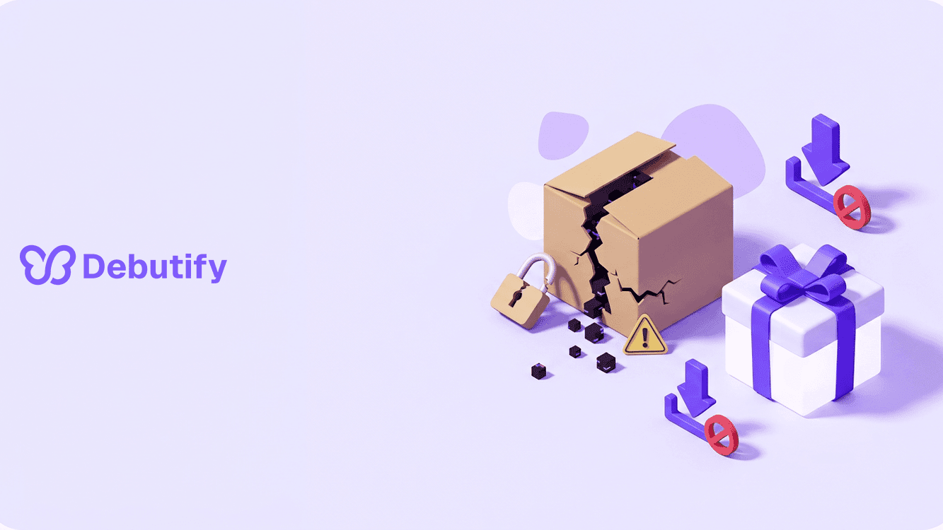 Shopify premium themes free download risk shown as an isometric cracked theme box with a warning tag in Debutify purple