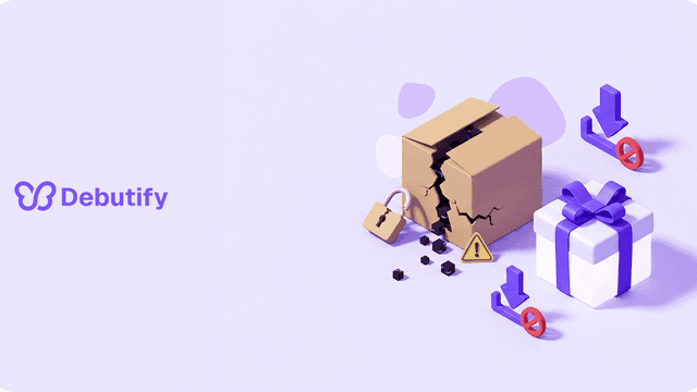 Shopify premium themes free download risk shown as an isometric cracked theme box with a warning tag in Debutify purple