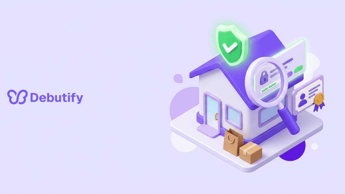 Is Shopify legit answered with an isometric verified storefront and shield badge in Debutify purple