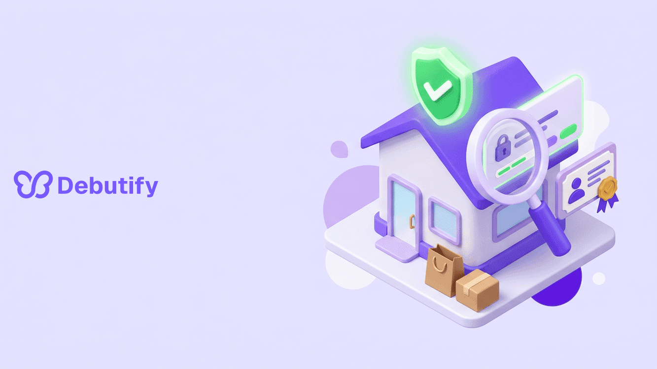 Is Shopify legit answered with an isometric verified storefront and shield badge in Debutify purple