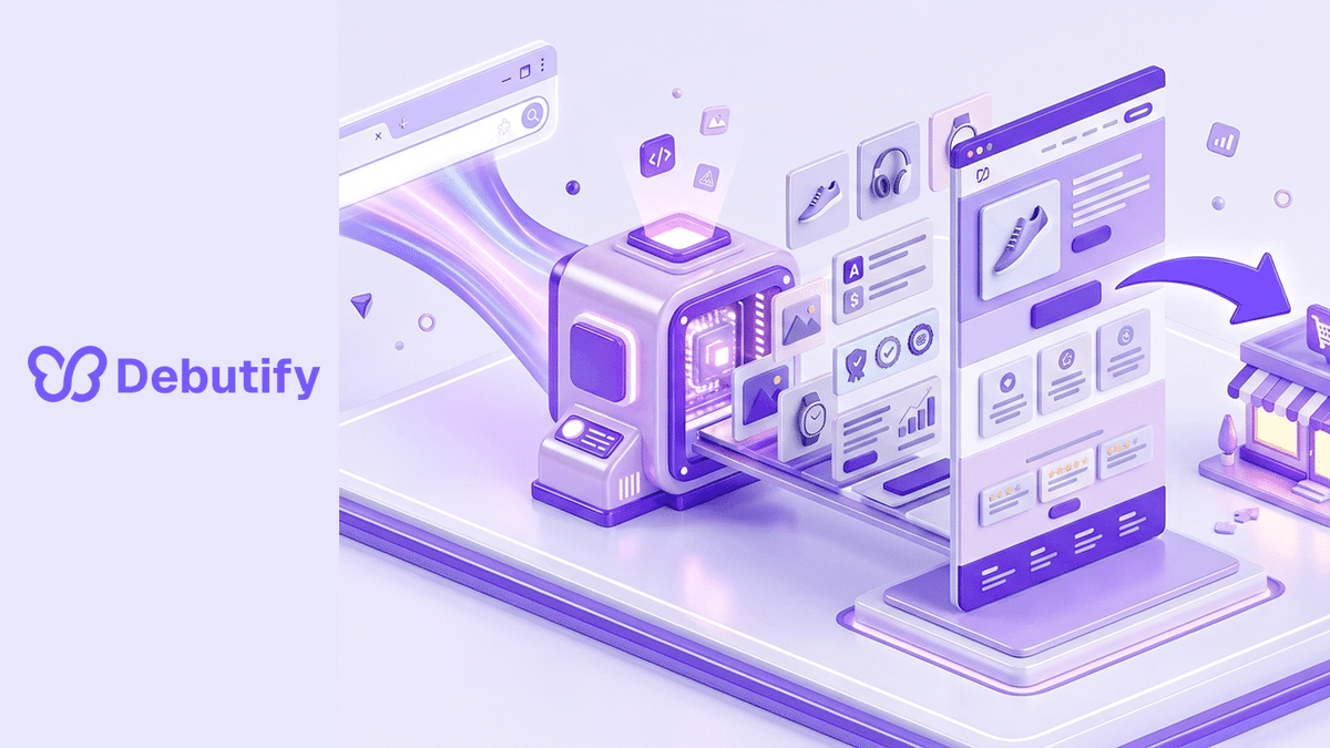 PagePilot AI explained as an isometric product page assembling itself from a URL beam with AI image tiles in Debutify purple