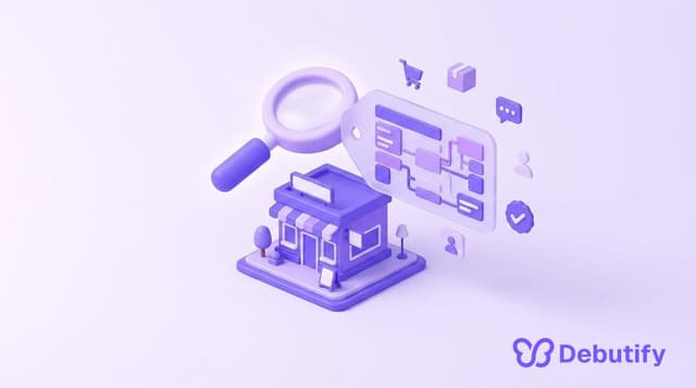 Magnifying glass scanning an online store to reveal its Shopify theme, Debutify