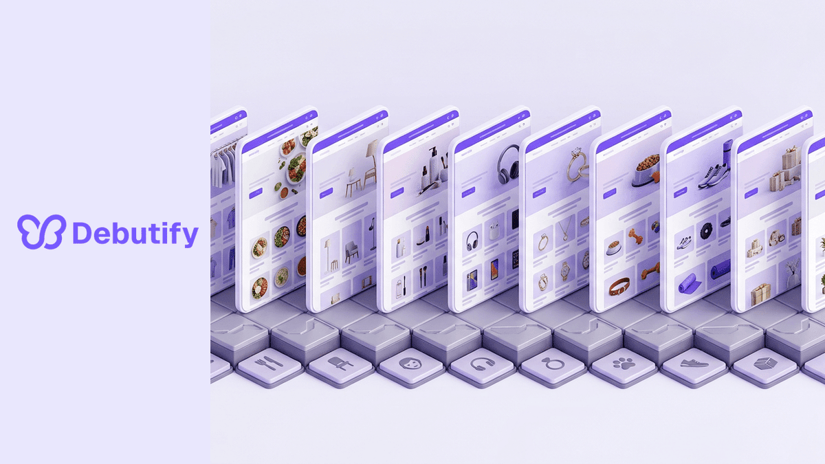 Shopify Horizon themes explained as an isometric row of ten free storefront panels on a shared block system in Debutify purple