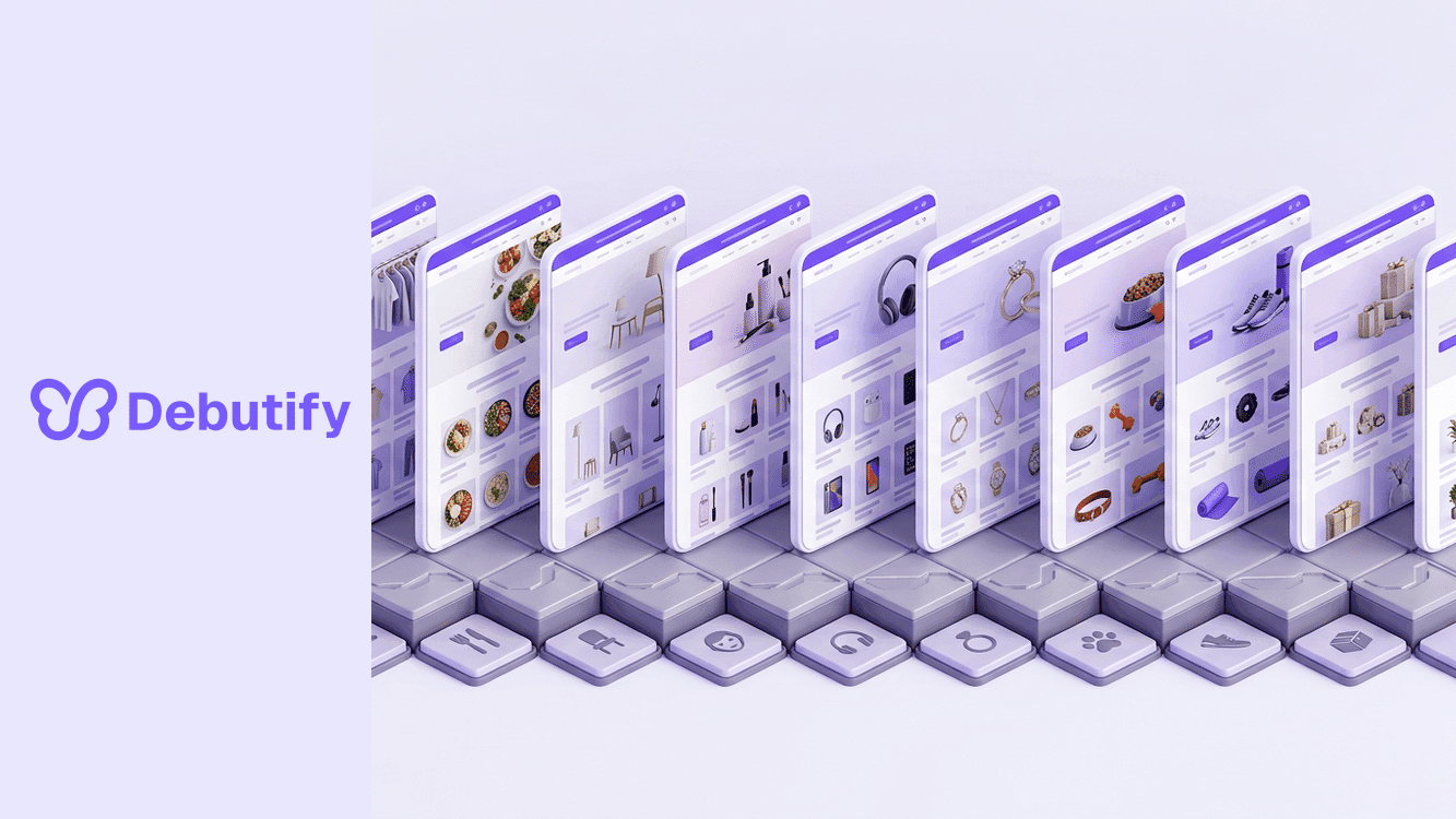 Shopify Horizon themes explained as an isometric row of ten free storefront panels on a shared block system in Debutify purple