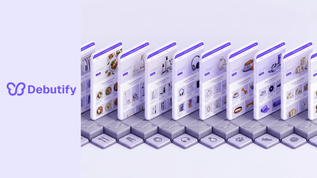 Shopify Horizon themes explained as an isometric row of ten free storefront panels on a shared block system in Debutify purple