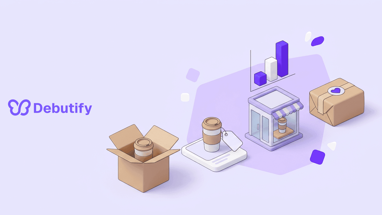 How to sell a product shown as an isometric single product moving from box to storefront to delivered parcel in Debutify purple