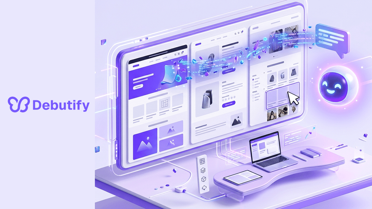 Shopify Canvas explained as an isometric design workspace where an AI agent edits store pages in Debutify purple