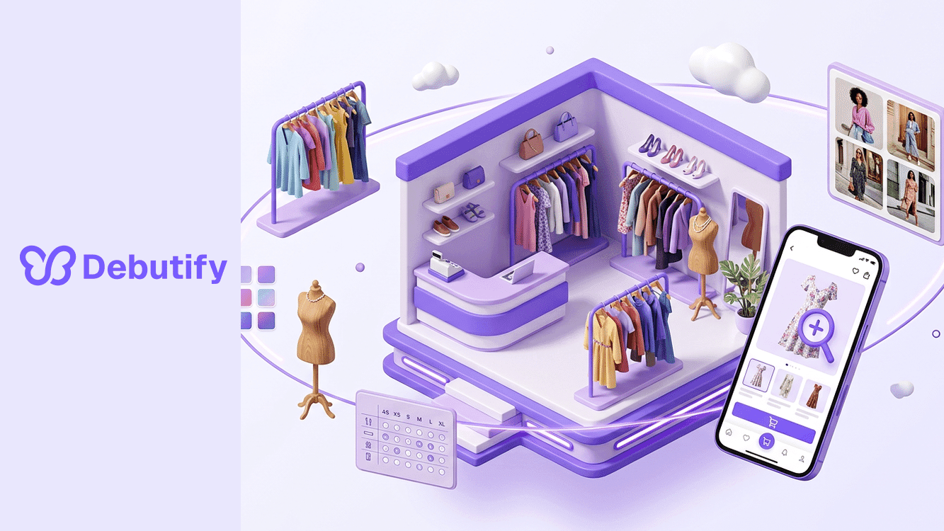 Best Shopify themes for clothing stores shown as an isometric fashion storefront with size chart, swatches and lookbook panels in Debutify purple