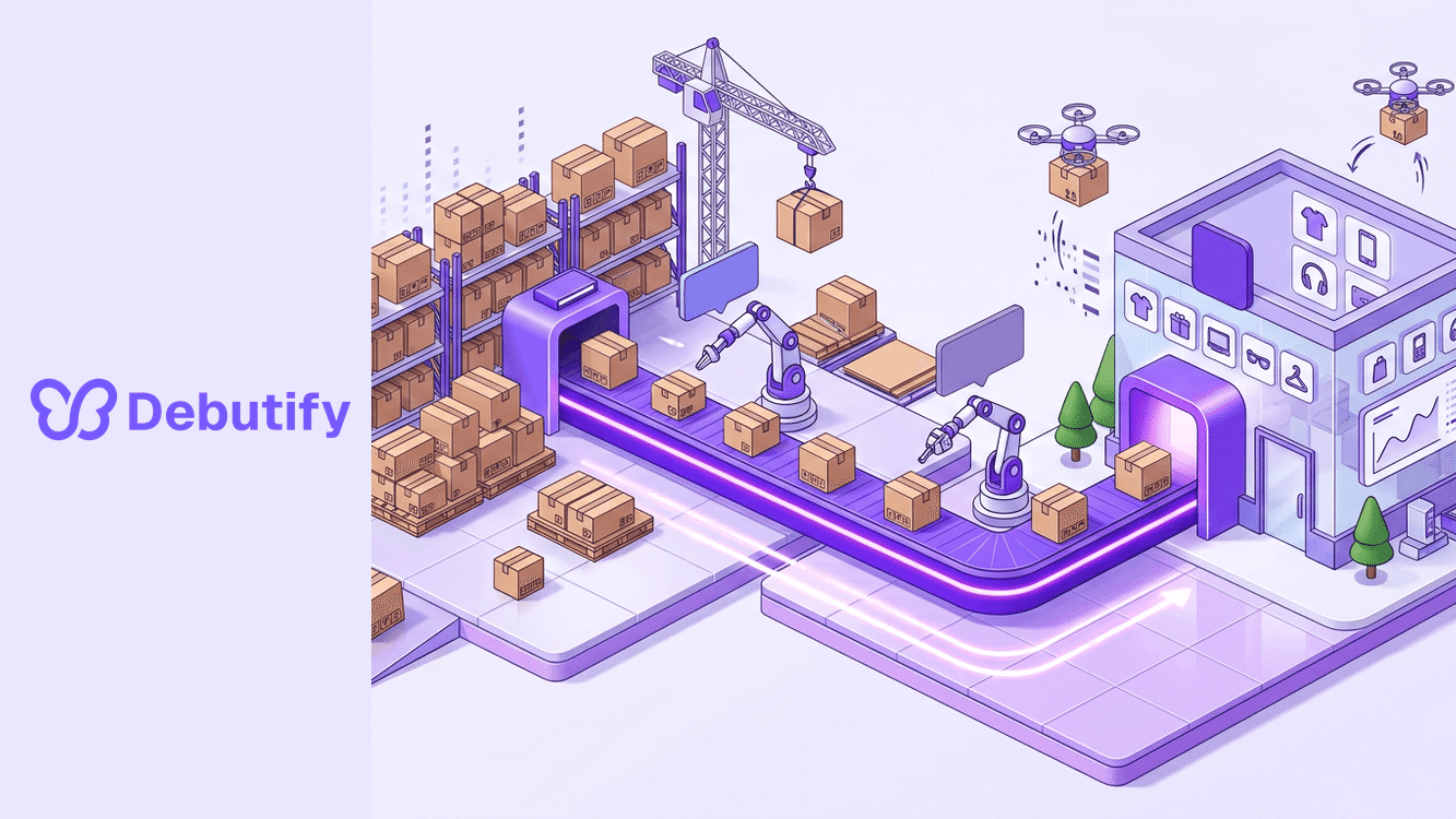 AutoDS explained as an isometric automation conveyor linking supplier boxes to a Shopify storefront in Debutify purple
