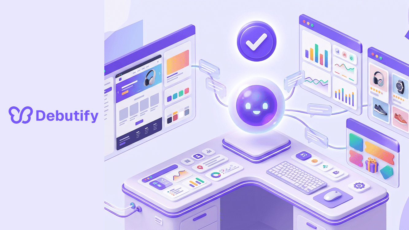 Shopify Sidekick explained as an isometric AI assistant orb working across admin panels and store reports in Debutify purple