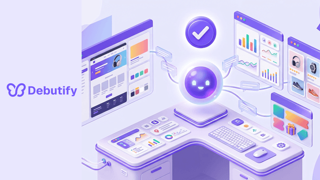 Shopify Sidekick explained as an isometric AI assistant orb working across admin panels and store reports in Debutify purple