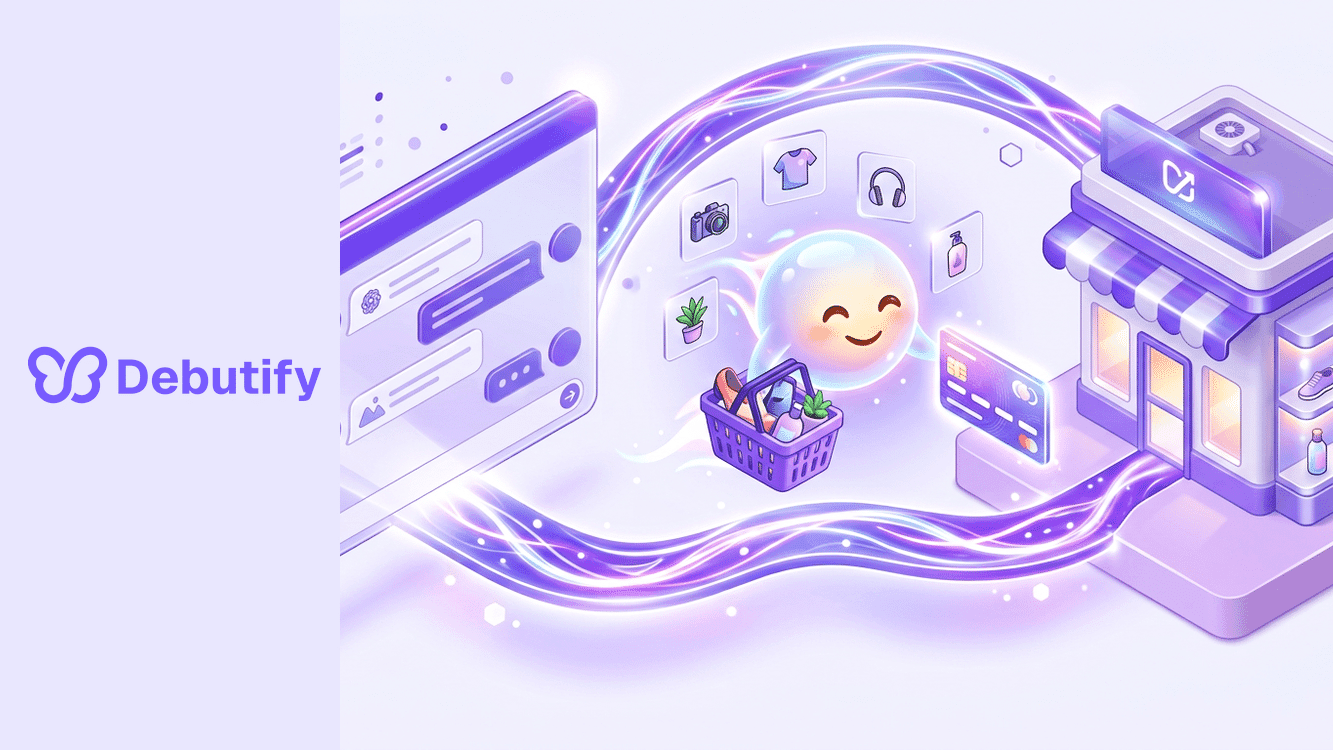 Agentic commerce explained as an isometric AI agent carrying a shopping basket between a chat window and a storefront in Debutify purple
