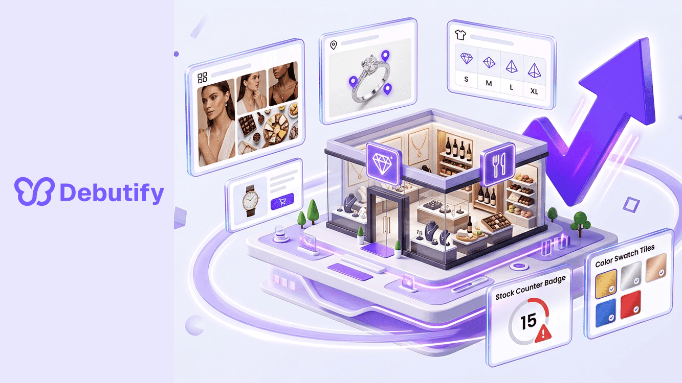 Boost Shopify theme shown as an isometric storefront with feature panels and a rising conversion arrow in Debutify purple